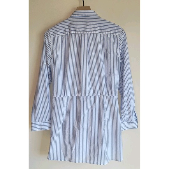 Calvin Klein Blue White Striped Tunic Button Down Blouse Roll Tab Sz L Tie Front - Picture 6 of 10